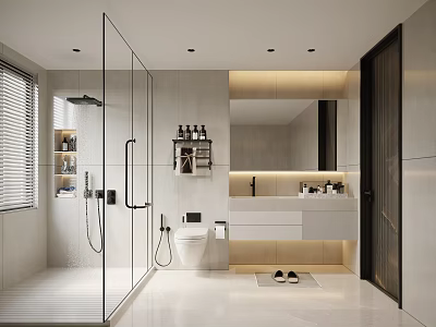 Modern Bathroom Interior Design With Glass Shower Vanity Mirror And Storage Cabinets 3d model