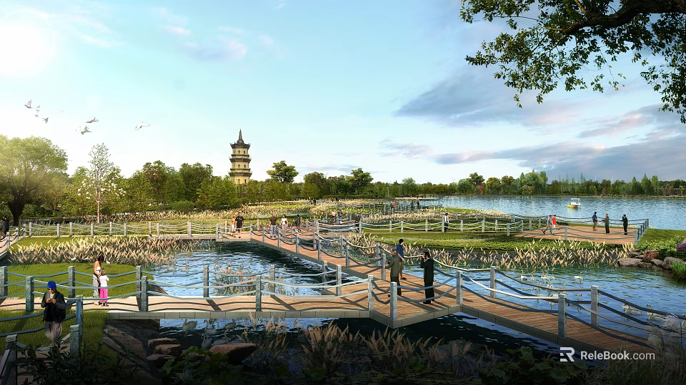 Scenic Park Landscape With Wooden Bridge Traditional Pagoda Serene Water And Lush Greenery 3d model 