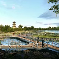 Scenic Park Landscape With Wooden Bridge Traditional Pagoda Serene Water And Lush Greenery
