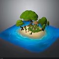 Modern Tropical Island Scene With Sandy Beach Green Trees Thatched Hut And Blue Water