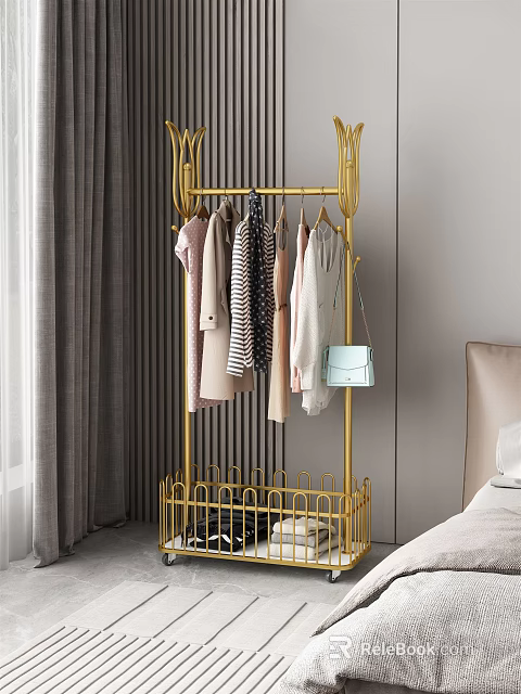 Golden Clothes Rack with Hanging Clothes Light Blue Bag and Storage Basket in Bedroom 3d model 