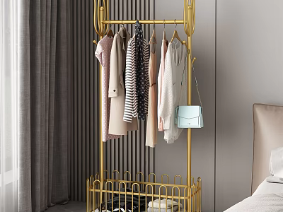 Golden Clothes Rack with Hanging Clothes Light Blue Bag and Storage Basket in Bedroom 3d model