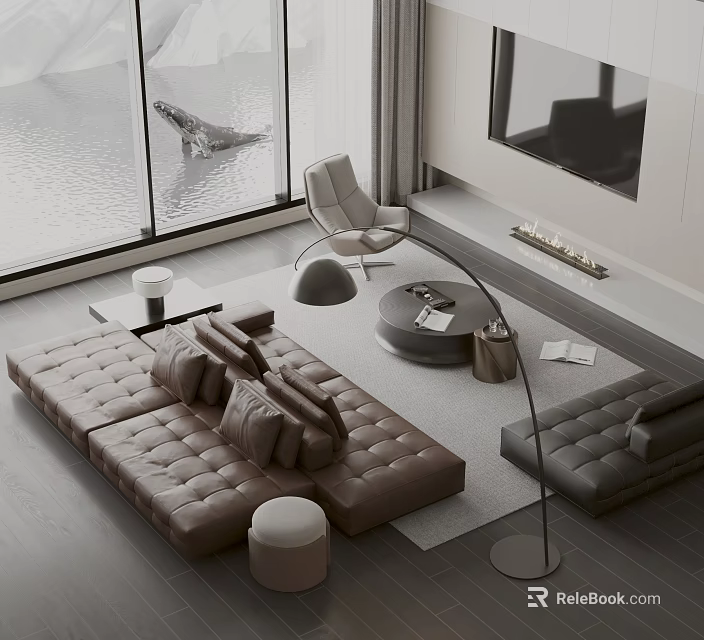 Modern Leather Sofa And Coffee Table Set With Floor Lamp And Window View 3d model 
