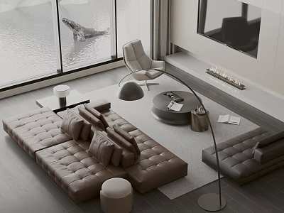 Modern Leather Sofa And Coffee Table Set With Floor Lamp And Window View 3d model