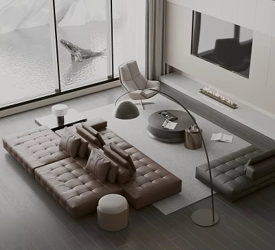 Modern Leather Sofa And Coffee Table Set With Floor Lamp And Window View 3d model