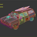 Vintage Off Road Car With Rustic Exterior Roof Mounted Yellow Black Surfboard And Large Tires
