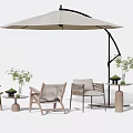 Modern Outdoor Table and Chair Set With Parasol Side Tables and Plants