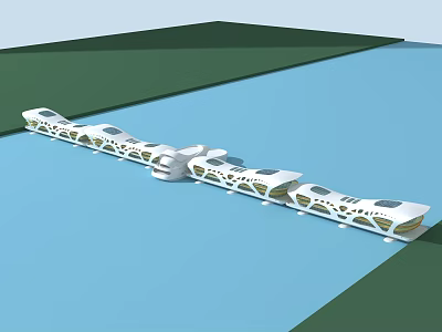 Long White Connected Architectural Structure Design On Water With Green Elements 3d model