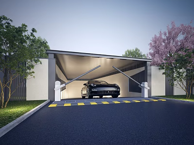 Road Facility Carport With Parked Car Warning Stripes And Surrounding Trees 3d model