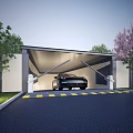Road Facility Carport With Parked Car Warning Stripes And Surrounding Trees