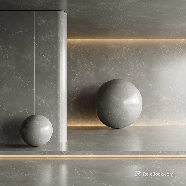 Modern Gray Marble Wall Interior With Recessed Lighting And Decorative Spheres 3d model 