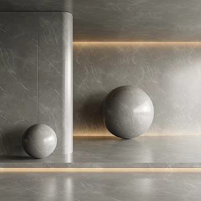 Modern Gray Marble Wall Interior With Recessed Lighting And Decorative Spheres 3d model