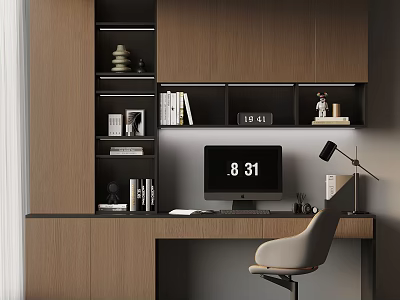 Modern Home Office Workspace With Wooden Shelves Desk Chair Lamp And Computer Monitor 3d model