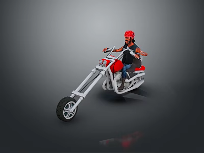 Classic Red Chopper Motorcycle With Red Helmet Rider Riding 3d model