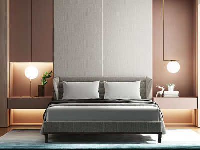 Modern Bedroom Interior with Double Bed Gray Bedding White Pillows Nightstands and Background Lamps 3d model