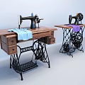 Two Vintage Singer Industrial Sewing Machines With Wooden Tables Metal Frames And Colored Fabrics
