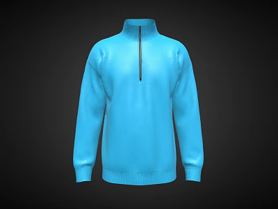 Blue High Collar Sweater With Front Zipper And Long Sleeves Design 3d model