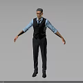 Men's Business Style Attire With Blue Shirt Dark Vest Dark Suit Pants And Leather Shoes