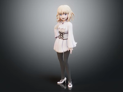 Anime Style Blonde Girl Character In White Dress With Black Belt And High Heels 3d model