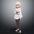 Anime Style Blonde Girl Character In White Dress With Black Belt And High Heels