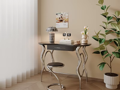 Modern Desk with Curved Metal Legs Dark Tabletop Lamp Photo Frame Vase and Green Plant 3d model