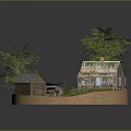 Cartoon Scene With Small Wooden House Red Roof Green Trees And Grassy Area