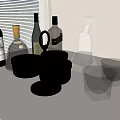 Wine Bottles and Glasses Display on White Countertop with Wine Liquor Bottles Metal Glass Cups