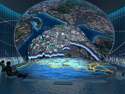 Interactive Giant Globe Model With Blue Lighting Effects And Yellow Lines Viewed By People 3d model