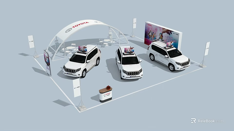 Exhibition Booth Displaying Three White SUVs with Roof Cargo Arched Canopy Backdrop and Banner Stands 3d model 