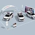 Exhibition Booth Displaying Three White SUVs with Roof Cargo Arched Canopy Backdrop and Banner Stands