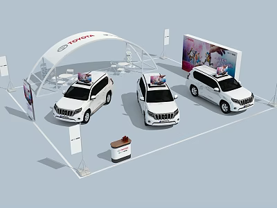 Exhibition Booth Displaying Three White SUVs with Roof Cargo Arched Canopy Backdrop and Banner Stands 3d model