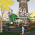 Modern Park Plaza With White Shade Structure Circular Lawn Benches And Trees