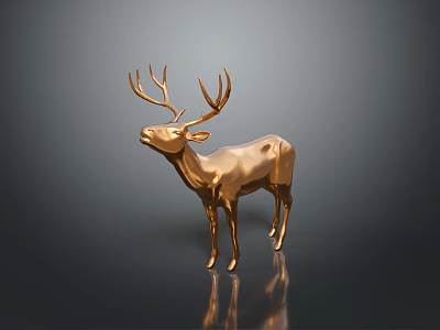 Shiny Golden Deer Statue Standing On Dark Surface With Reflection 3d model