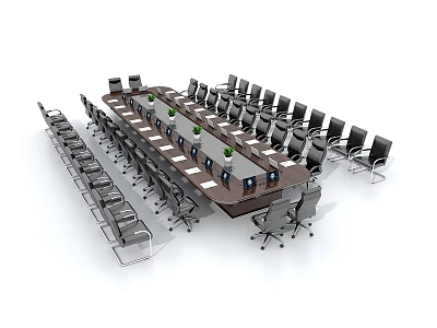 Large Wooden Conference Table With Black Office Chairs And Green Plants In Modern Meeting Room 3d model