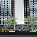 Modern Commercial Landscape With Tall Residential Buildings Orange Wooden Structure Bicycles Benches Trees And Paved Ground