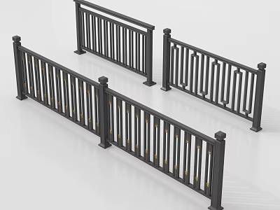 Black Metal Railings With Modern Vertical Bars And Square Support Posts 3d model