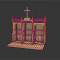 Wooden Religious Altar With Cross Carved Arch Structure And Intricate Details