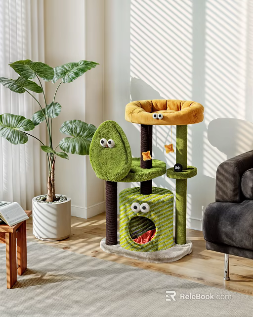 Sturdy Green Cat Tree With Cartoon Eyes Cozy Top Perch Hiding Cave For Indoor Cats 3d model 