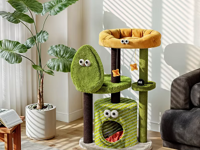 Sturdy Green Cat Tree With Cartoon Eyes Cozy Top Perch Hiding Cave For Indoor Cats 3d model
