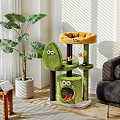 Sturdy Green Cat Tree With Cartoon Eyes Cozy Top Perch Hiding Cave For Indoor Cats