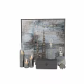 Vintage Metallic Glass Decorative Ornament Set With Tall Columns Bottles And Wooden Texture