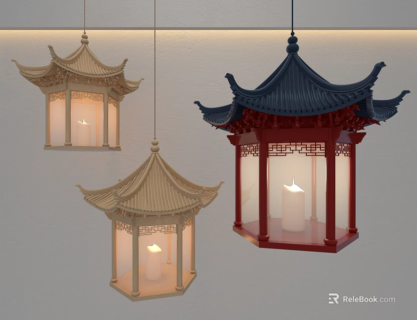 Traditional Chinese Pagoda Shaped Chandeliers In Beige Dark Blue And Red With Illuminated Candles 3d model 