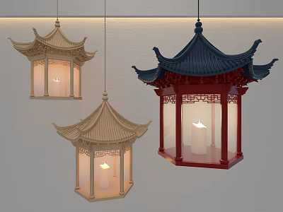 Traditional Chinese Pagoda Shaped Chandeliers In Beige Dark Blue And Red With Illuminated Candles 3d model