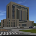 Modern Office Building Featuring Glass Curtain Walls Light Colored Facade And Plaza Lawn Trees