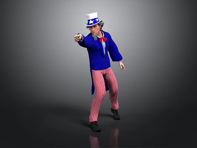 Man In Blue Coat Red Bow Tie And Striped Pants Pointing With White Top Hat 3d model