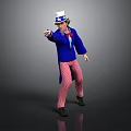 Man In Blue Coat Red Bow Tie And Striped Pants Pointing With White Top Hat