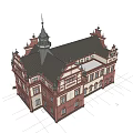 European style Architecture With Red Brown Brick Walls White Decorative Lines Arched Windows And Spire Tower