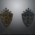 Intricately Designed Gold And Silver Shields With Angel Motifs And Blue Gemstones