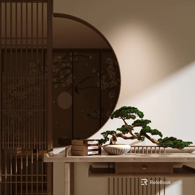 Traditional Console Table Interior Design With Round Mirror Bamboo Screen And Bonsai Pine Tree 3d model 