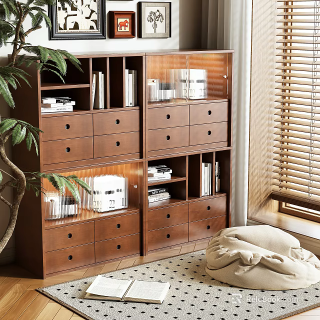 Wooden Storage Cabinet with Drawers and Shelves Holding Books by Window Blinds 3d model 